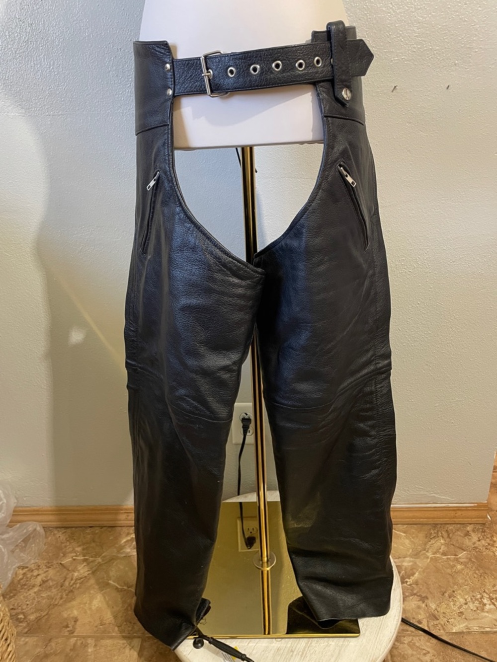 Allstate Leather Chaps S Black Motorcycle Zip Out Liner Lace Up Belt Riding Gear